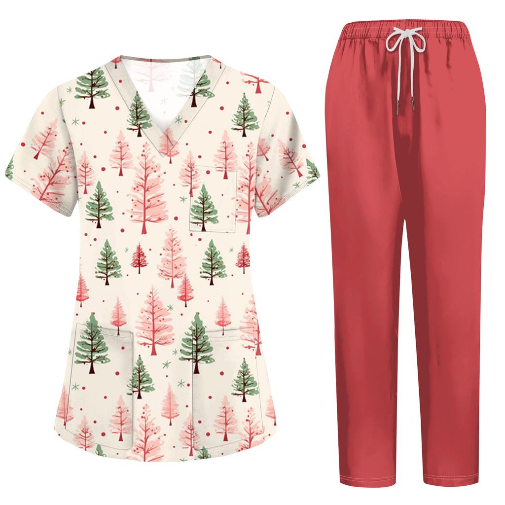 Women's Uniform Set with Short Sleeve Christmas Print Top and Pants, Two Piece Caregiver with Pockets