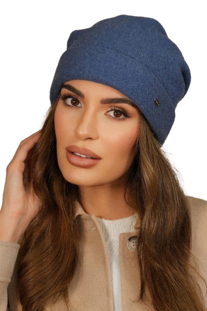 Women' Woolen Hat with Turn-Up in Jeans Color Kamea-Krokus
