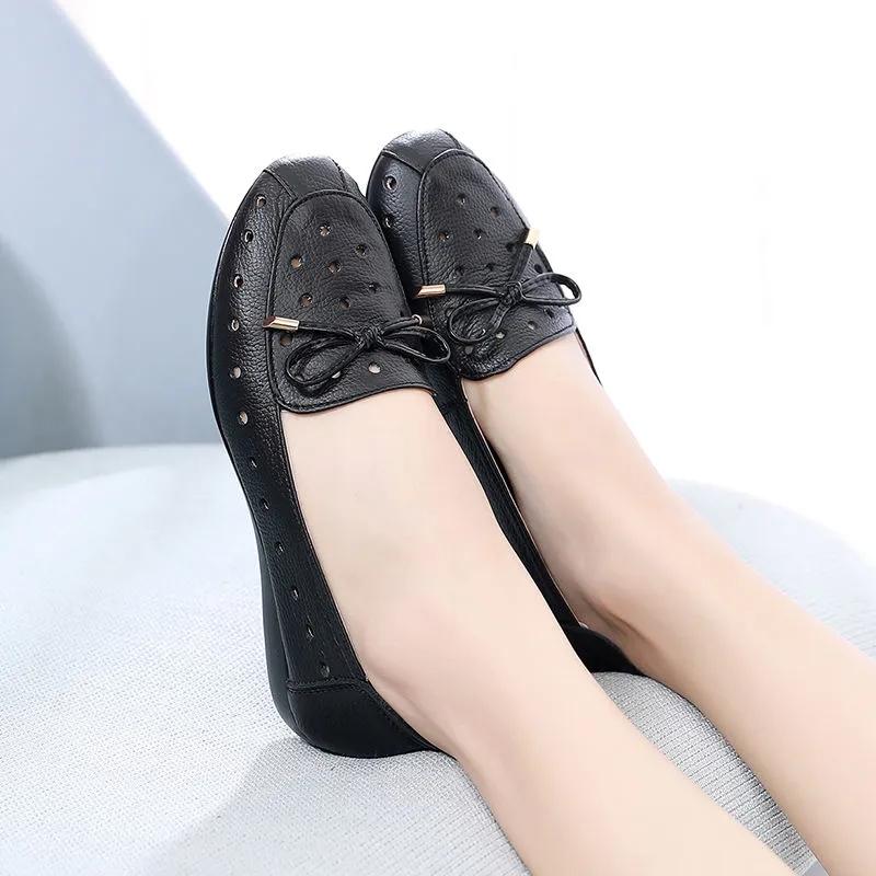 2025 Summer Mom Cowhide Leather Moccasins Woman Slip On Wedges Shoes Designer Breathable Hollow Out Bowtie Ballet Flats