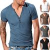 V-Neck Short Sleeve Buttons Half Placket Thin Men T-shirt Summer Solid Color Slim Fit Sport Top Streetwear