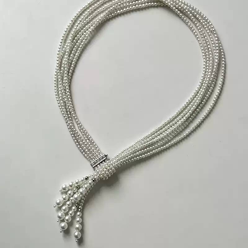 XM N449 Multi Layer White Pearl Tassel Necklace Rhinestone Buckle Mixed Size Pearl Fringe for Women Banquet Elegant Jewelry