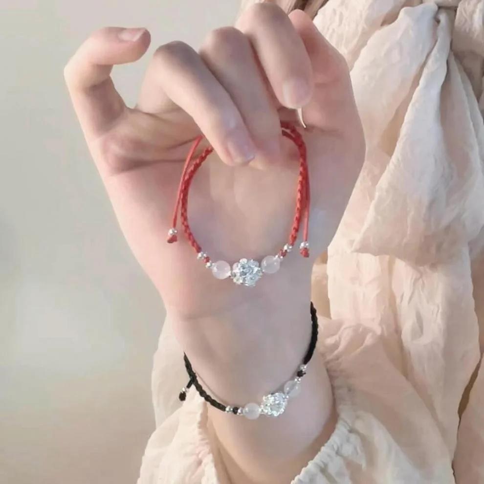 Vintage Handmade Chinese Style Braid Bracelet for Women Fashion Lotus Flower Beaded Bracelet Jewelry Adjustable Gifts