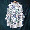 Women's Loose Ruffled Floral Print Stand Collar Long Sleeve Cotton And Linen Top