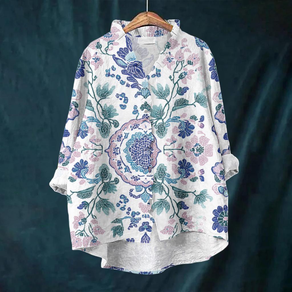 Women's Loose Ruffled Floral Print Stand Collar Long Sleeve Cotton And Linen Top