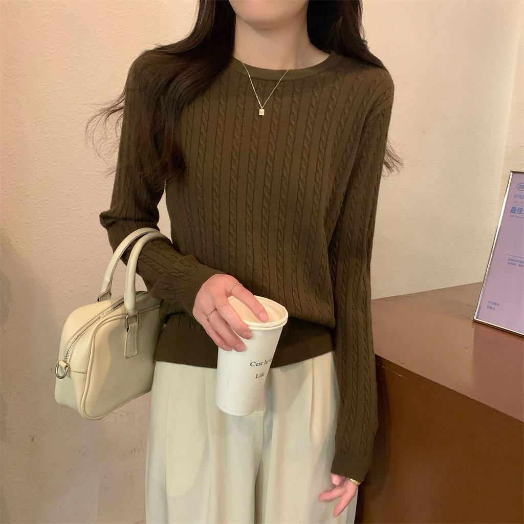 Round-neck Loose Knitted Sweater for Women Tweed Casual Sweater for Women Fashionable and Versatile Long-sleeved Pullover for Autumn and Winter