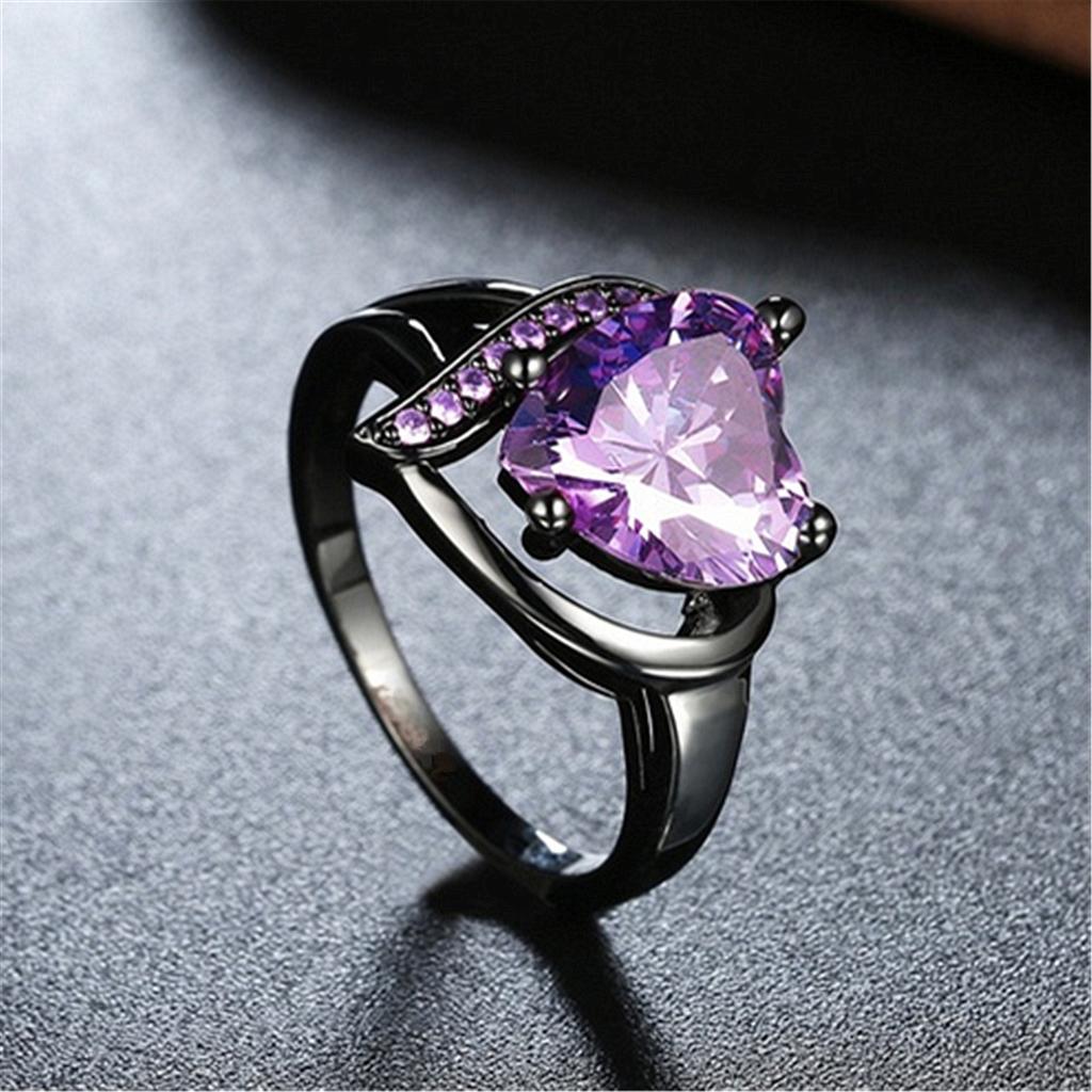 Fashion Couple Rings Romantic Women Heart Purple Rhinestones Zircon Ring Trendy Men Stainless Steel Rings Wedding Band Jewelry