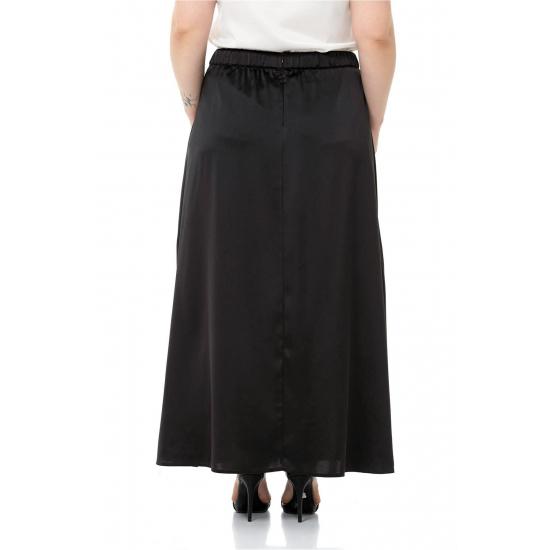 Women's Plus Size Flared Satin Long Black Skirt with Elastic Waist Back