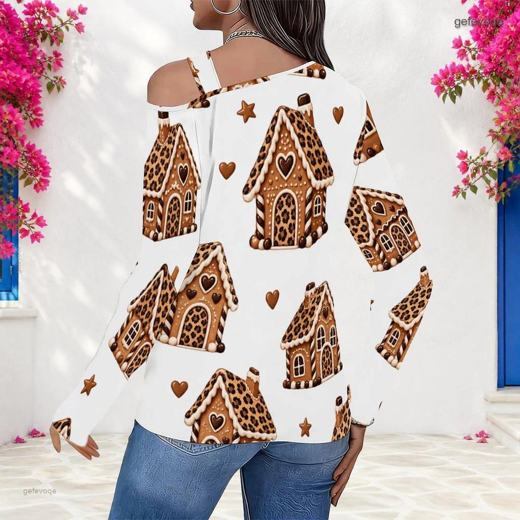 Women Plus Size Asymmetric Cutout Neck Cold Shoulder Long Sleeve White Leopard Belt Heart Star Printed Fitted Top