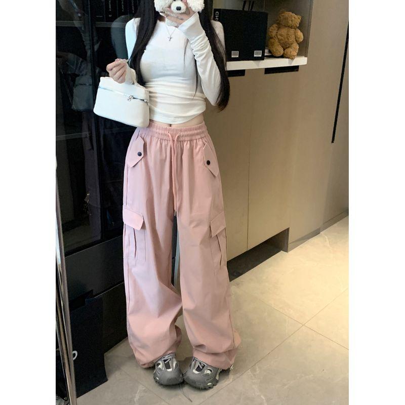 

Kumikumi American Retro Cargo Pants Elastic Waist Casual Pants Women s Autumn Loose Straight-leg Loose Pants Long Pants Pink S