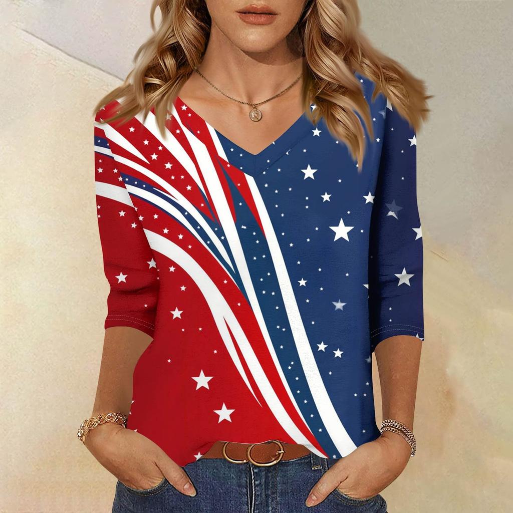Damen Tops Dreiviertelärmel Shirt V-Ausschnitt Lockeres Freizeithemd Blumendruck T-Shirt