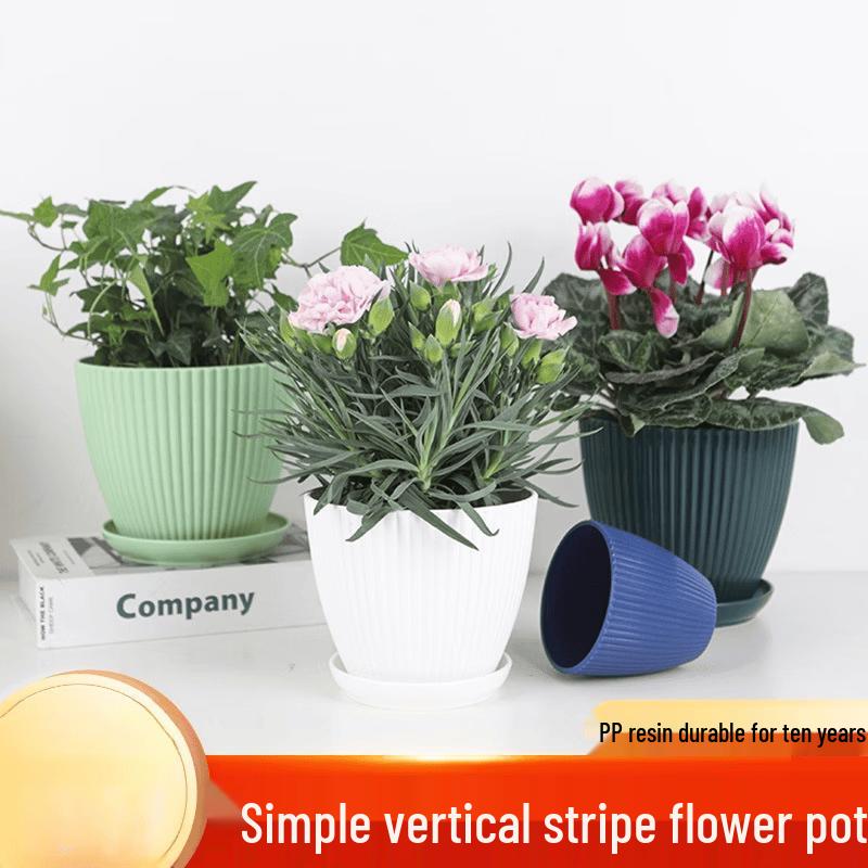 Yingtang Simple Thickened Vertical Stripe Flower Pot with Tray