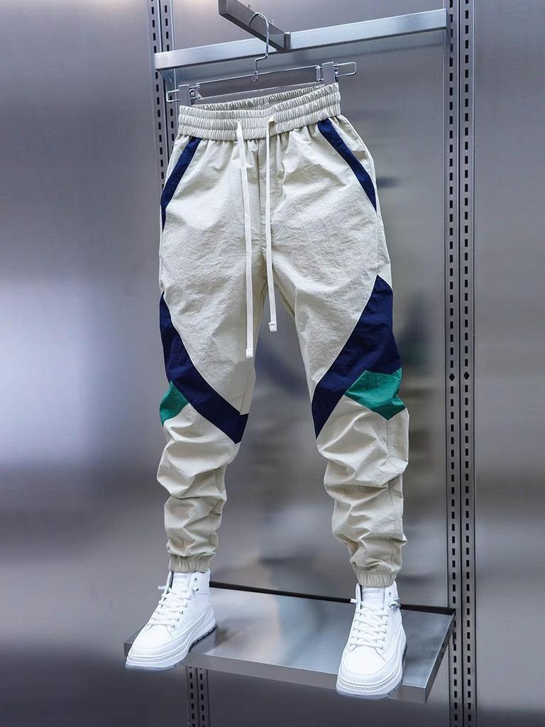 Men's Summer Color-Block Joggers: Elastic Waist, Patchwork, Tapered Leg, Trendy Harem Pants