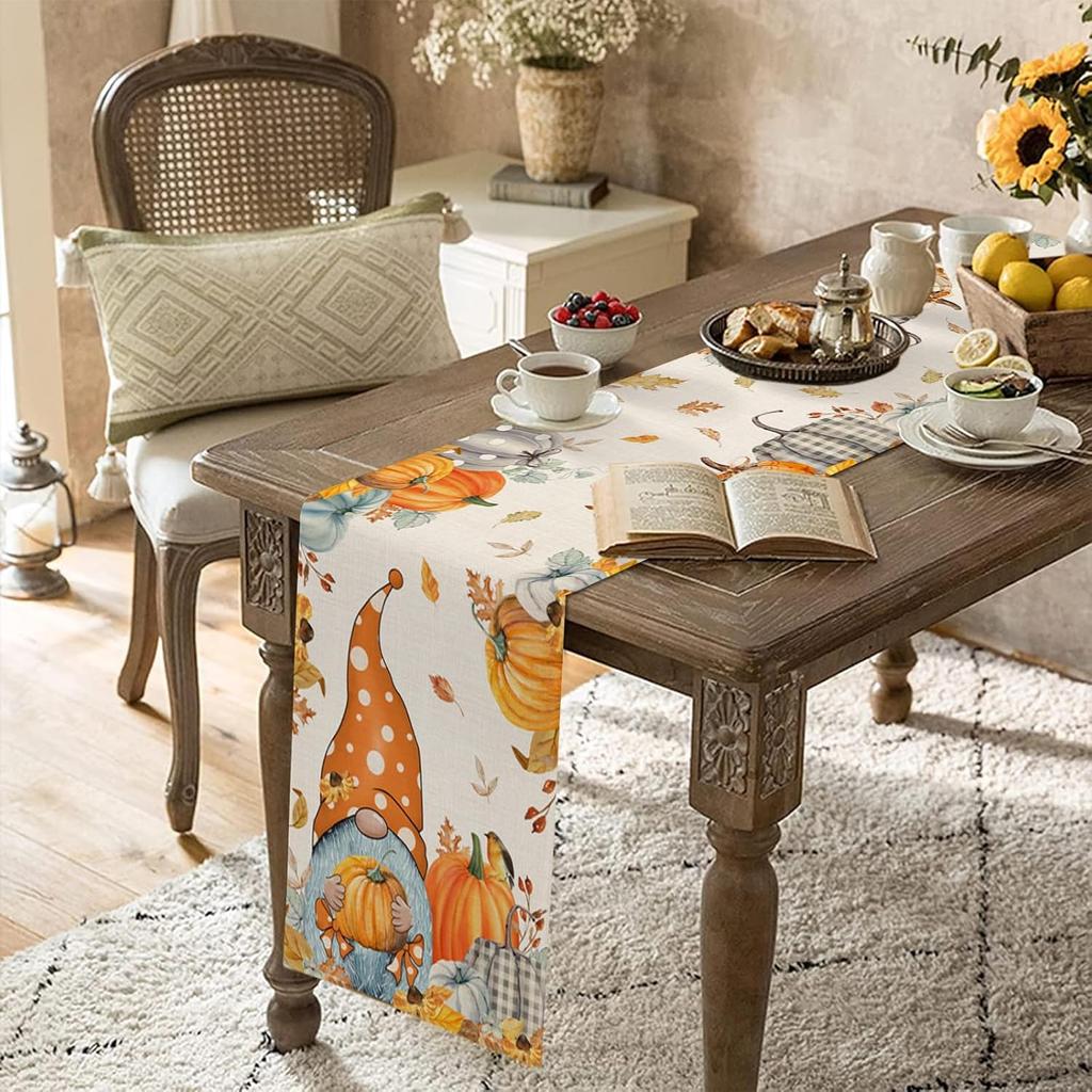 Fall Harvest Gnome Pumpkin Linen Table Runner Party Decor Washable Kitchen Dining Table Runner Autumn Thanksgiving Decoration