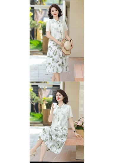 Elegant Loose-Fit Chiffon Dress with Wide-Leg Skirt for Middle-Aged and Elderly Women