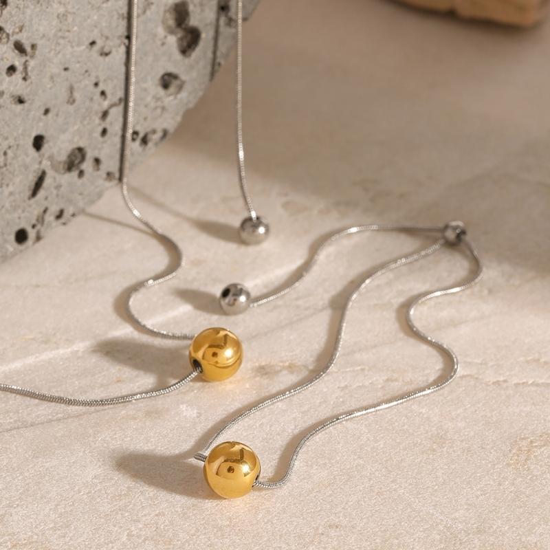 Delicate Stainless Steel Adjustable Necklace and Bracelet Set for Unisex with Round Sphere Pendant Luxurious Jewelry