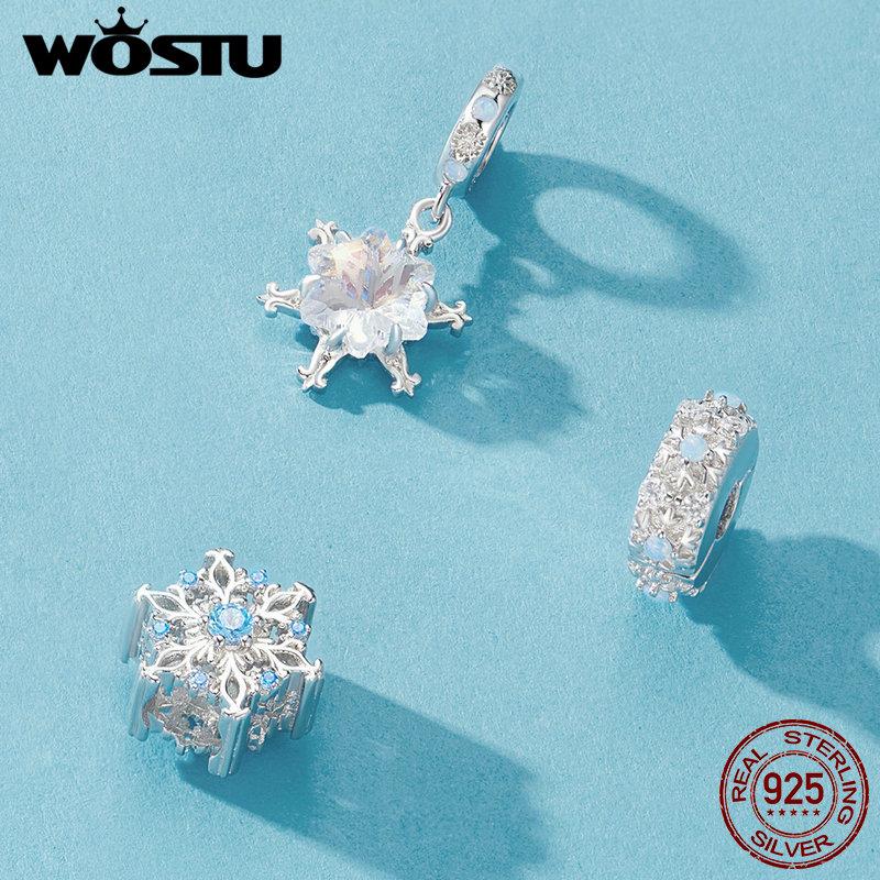 WOSTU 925 Sterling Silver Snowflake Charm Beads Ice Flower Pendant Fit Original Bracelet DIY Necklace Jewelry Making Gift
