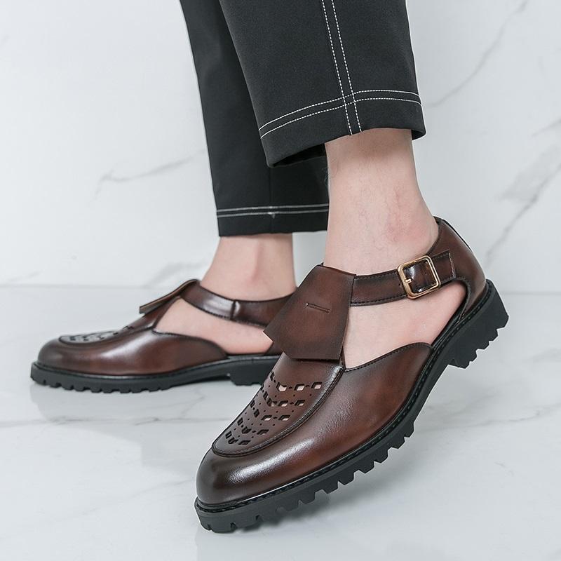 Summer Fashion New Men's Gladiators Hollow Out Belt Buckle Patent Leather Casual Shoes Breathable Beach Sandals Outdoor Slippers