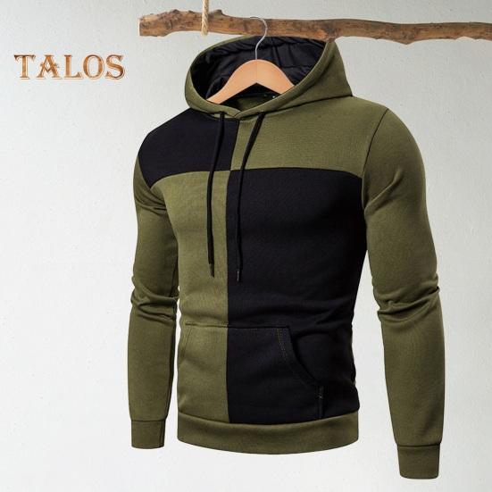 Men Fall Winter Hoodie Colorblock Drawstring Long Sleeves Big Pocket Hooded Retro Thin Loose School Daily Wear Casual Sport Top