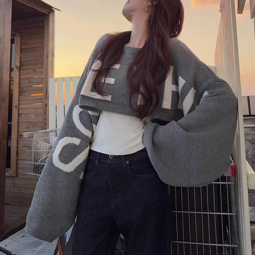 Arctic Velvet Washing Water, Sweet and Spicy Cool Girl Short Letter Jacquard Long-sleeved Sweater Women's Autumn and Winter Pullover Knitting