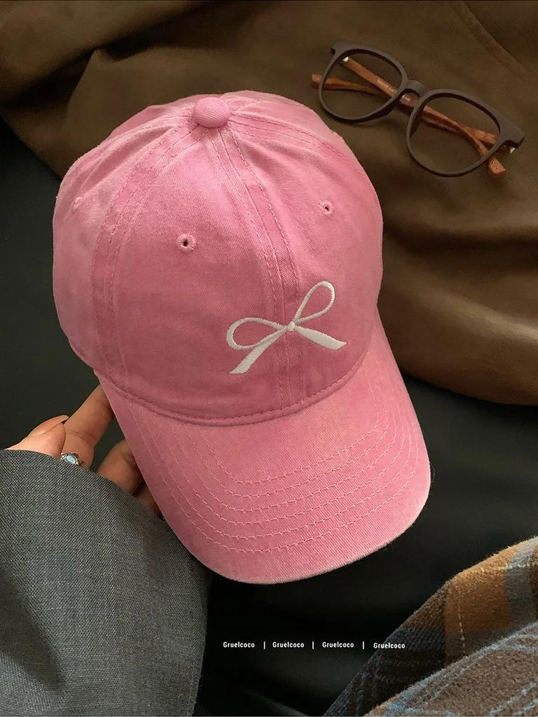 Retro washed old bow embroidered baseball hat for women in spring summer large brim plain faced duckbill cap Men