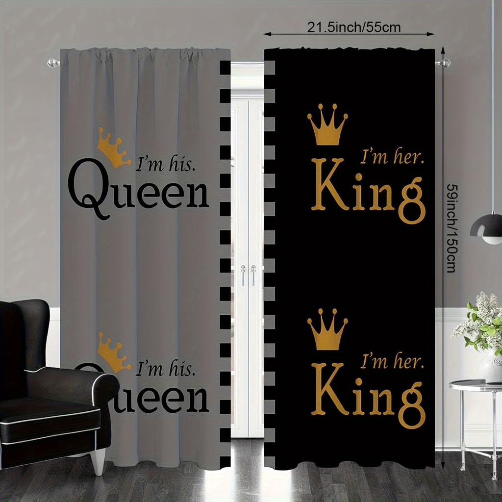 2 st Drottning- & Kungtryckta Gardiner - Grå & Svarta Polyester Kanalgardiner För Sovrum, Kontor & Vardagsrumsinredning