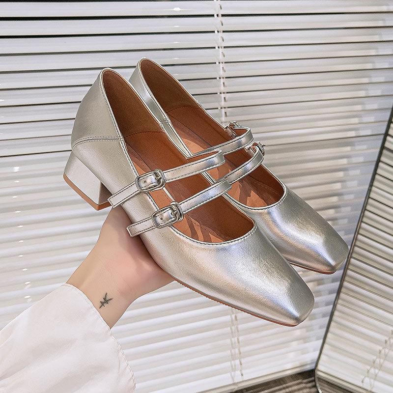 Square head word with high heels thick heel French retro Mary Jane women's shoes 2025 new spring and autumn low heel single shoes