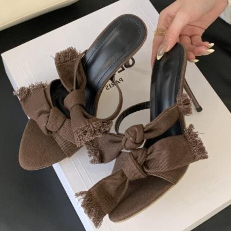 Fashion Denim Butterfly-knot Design Brand Slippers Women Fashion Pointed Toe Thin Heel Slide Sandals Elegant Party Dress Zapatos Mujer