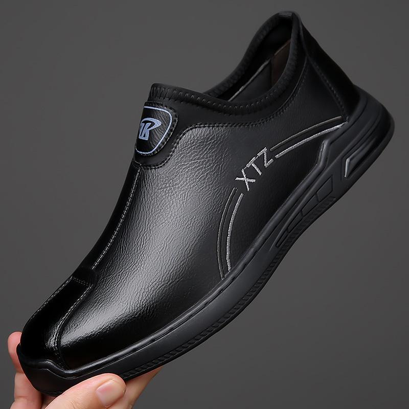 Leather shoes men s new spring  leisure one-pedal middle-aged soft leather soft-soled shoes 38 чёрный
