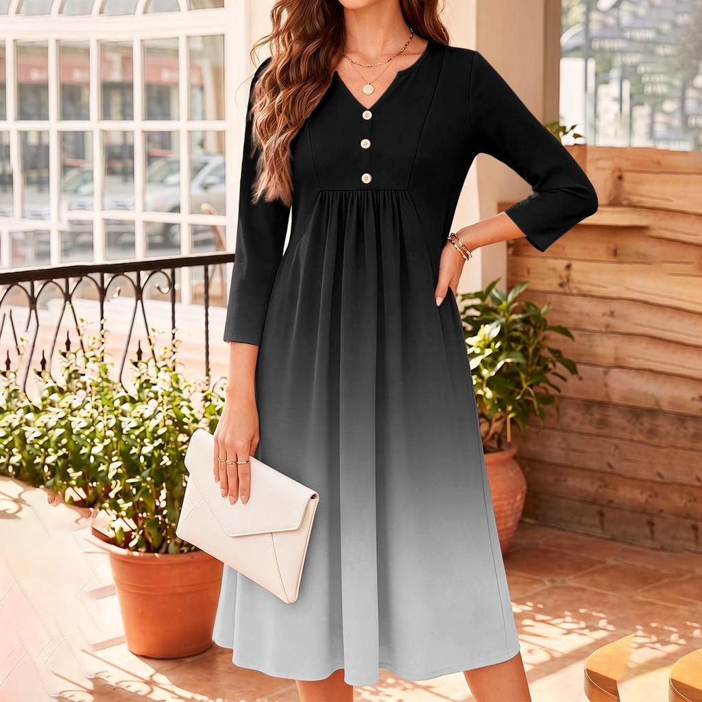 Women's V-Neck Three-Quarter Sleeve Gradient Print Casual Dress for Daily Wear