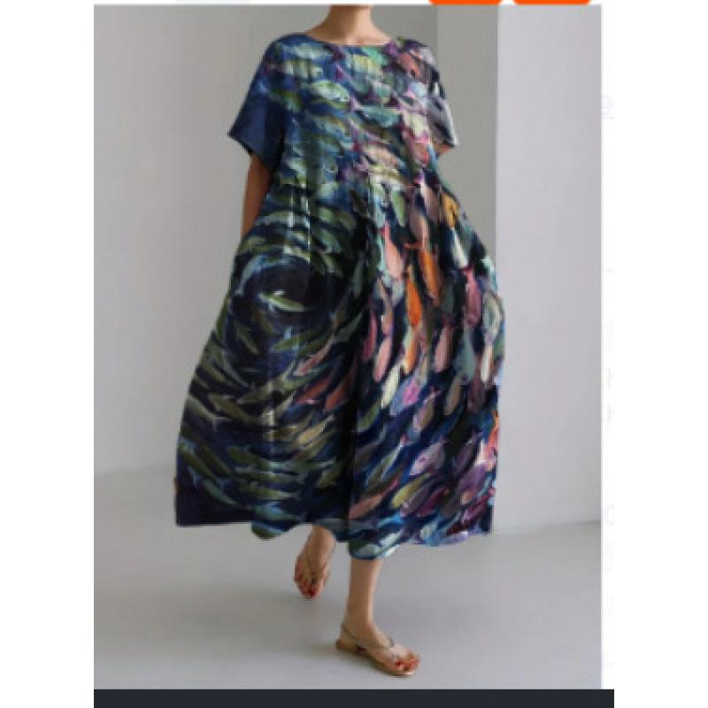 Damen Sommer Übergröße Gestreiftes Print Maxikleid, Lässiges Lockeres Rundhals Kurzarm Oversized A-Linien-Kleid