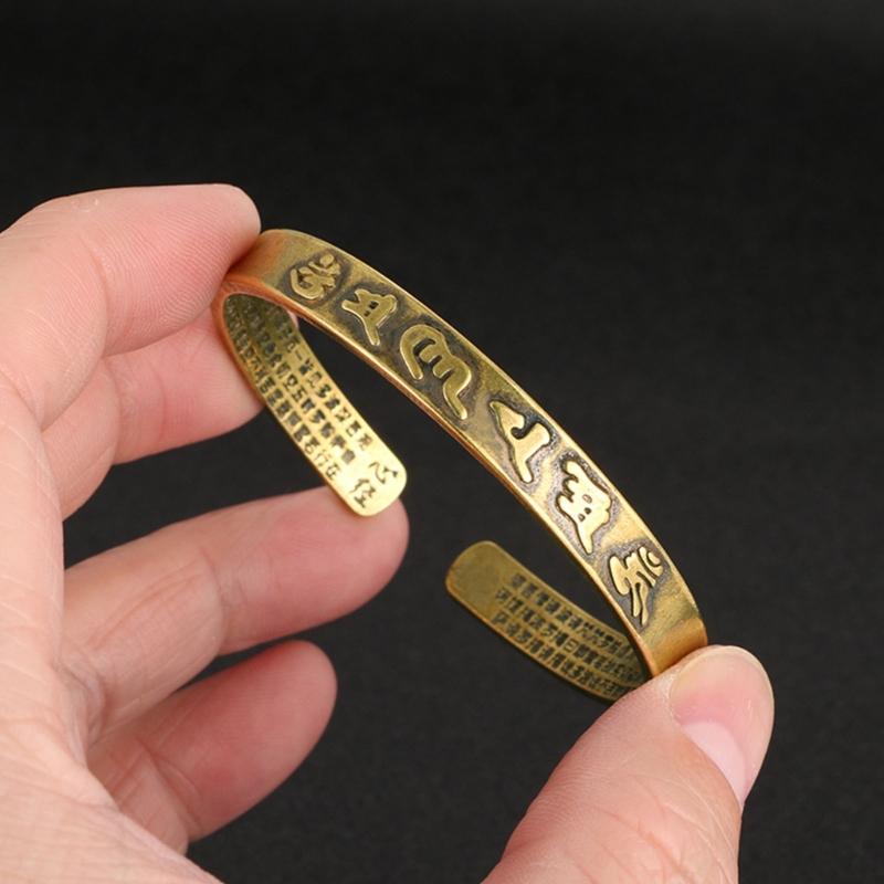 Vintage Brass Buddhist Mantra Bangle Adjustable Opening And Ancient Sanskrit Engravings Bracelet For Women And Men