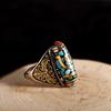 Adjustable Open Ring With Motif Vintage Tibetan Nepalese Style Handmade Copper Plated Unisex Finger