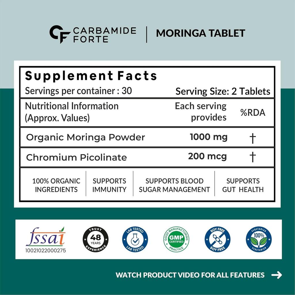 Carbamide Forte Organic Moringa Tablets 1000mg Drumstick Leaves Powder for Energy & Immunity 60 Veg Tablets