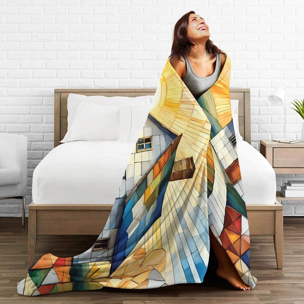 Warm Soft BlanketStudents Travel Cottage Quilted House Throw Blanket  Flannel Bedspread For Outdoor Novelty Sofa Bed Cover