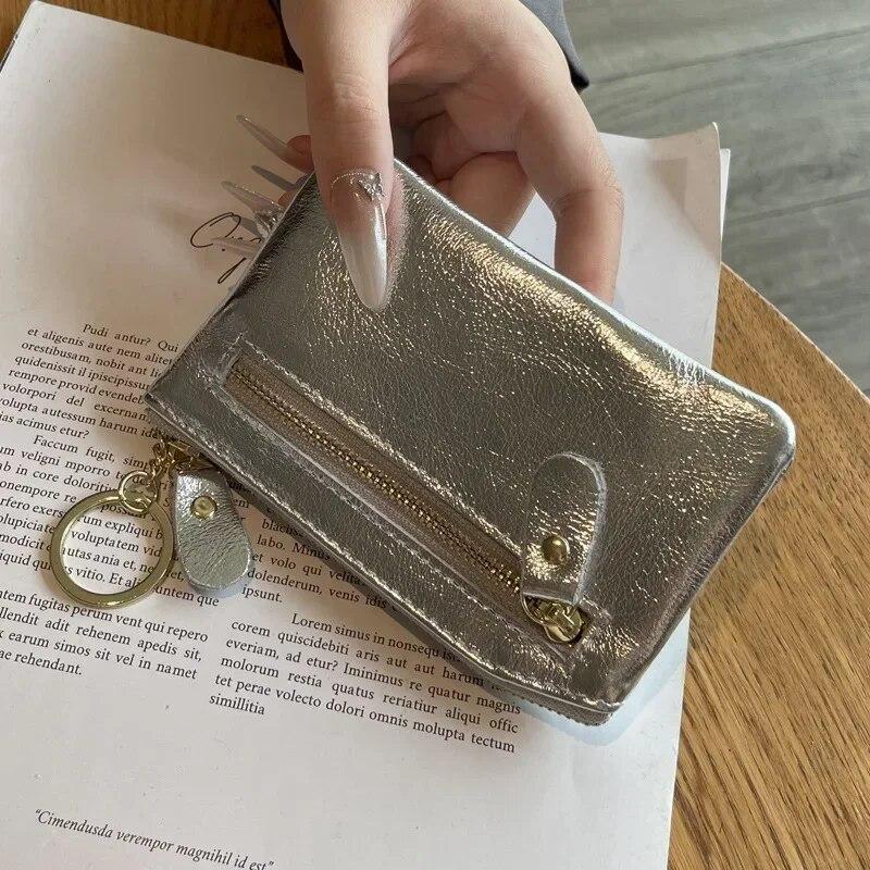 Fashion Genuine Leather Zipper Coin Purse Mini Cute Silver Wallet for Women Portable Key Card Coin Storage Bag Organizer Pouch