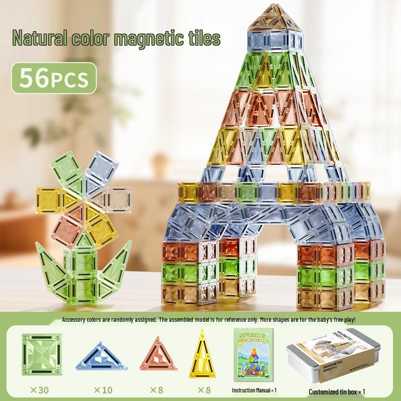 Portable Children's Magnetic Tile Puzzle Toy – Stained Glass Magnetic Building Set in Iron Box