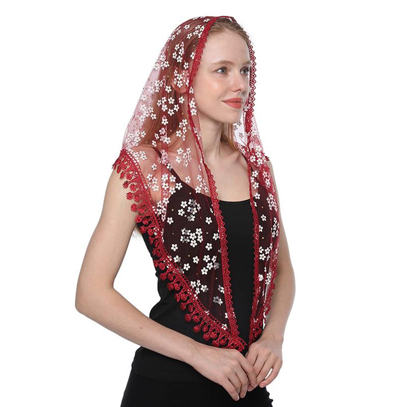 Women Triangle Scarf For Church Prayer Shawl Embroidered Lace Veil Floral Headcovering Tassel Veils Mantillas
