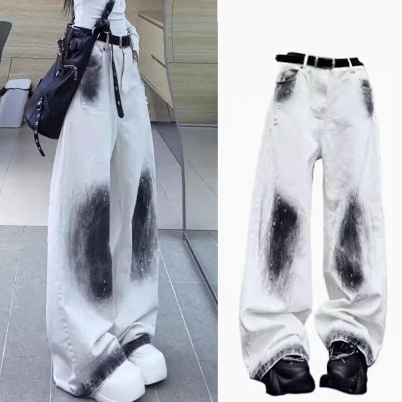 

Унисекс-джинсы с широкими штанинами и градиентом — высокая талия, свободный крой, для ношения круглый год 2XL белый