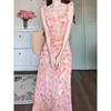 French Sweet Pink Floral Suspender Dress Women's Summer New Femininity Waist Sleeveless Vacation Style Long Dress