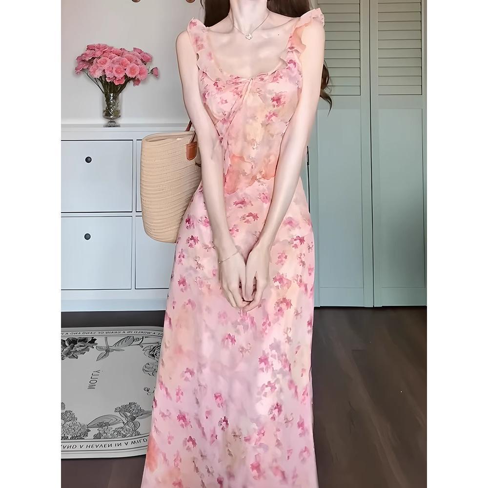 

Французское милое розовое цветочное платье на подтяжках женское летнее новое женственность талия без рукавов отпускной стиль длинное платье XL- (recommended 110-60kg)