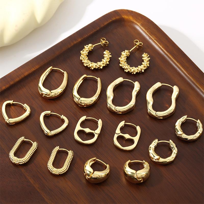 Geometry Irregular Smooth Metal Ear Buckle Earrings for Women Girls Vintage Fashion Gold Color Oval Earrings Punk Zircon Set