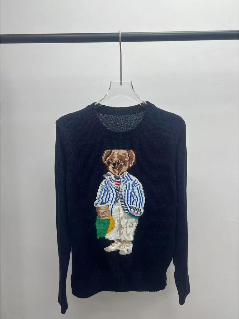2025 R.L Wool Blend Cartoon Bear Round Neck Sweater - Women's Autumn/Winter Versatile Embroidered Style