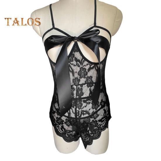 Body sexy para mujer con cordones, lazo, espalda descubierta, sin mangas, fino, transparente, con encaje, entrepierna abierta, bordado de flores, tirantes finos, ajustado, para boda y noche