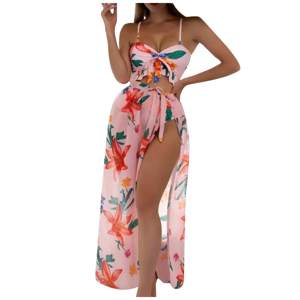 Fashion Women Printed High Waist Split Long Skirt Bikini Casual Swimsuit Set