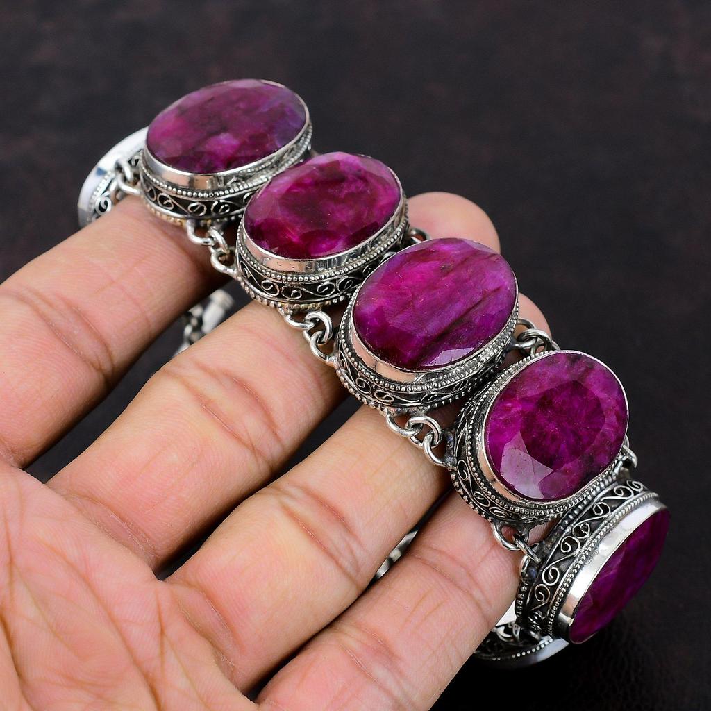 Faceted Kashmir Ruby Bracelet 925 Sterling Silver Bracelet Adjustable Chain Bracelet Vintage Bracelet Wedding Gift Handmade Gemstone Jewelry