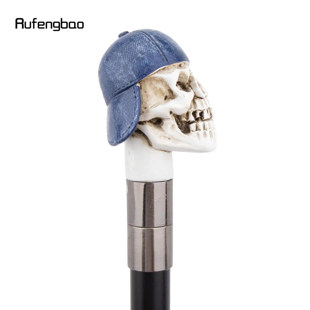 Blue Hat Resin White Skull Head Walking Cane Fashion Decorative Steel Stick Gentleman Elegant Cosplay Cane Knob Crosier 94cm