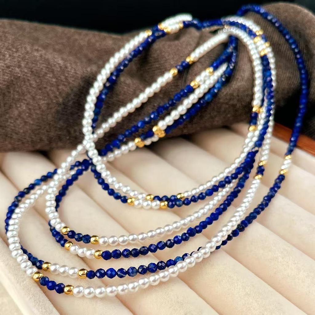 Vintage High Quality Natural Lapis Lazuli Artificial Crystal Pearl Double Clavicle Chain Necklace Sweater Chain