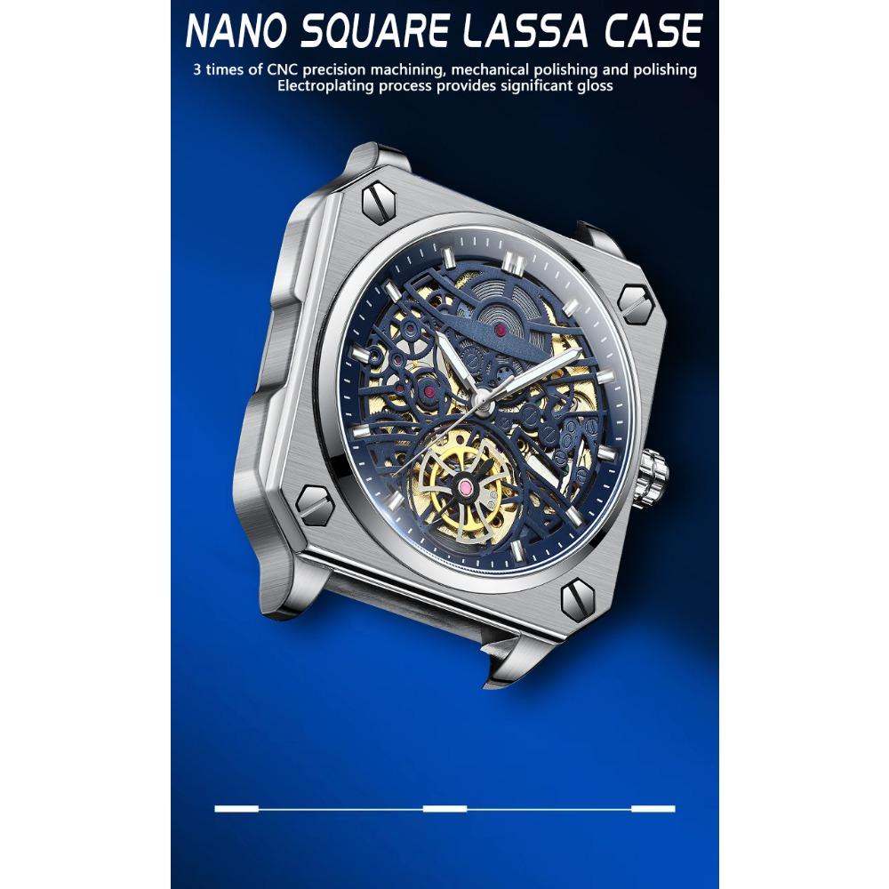 High-End Herrenuhr Skelett Mechanische Uhr Luxus Quadratisch Edelstahlarmband Automatisch Selbstaufziehend Wasserdicht Lumin