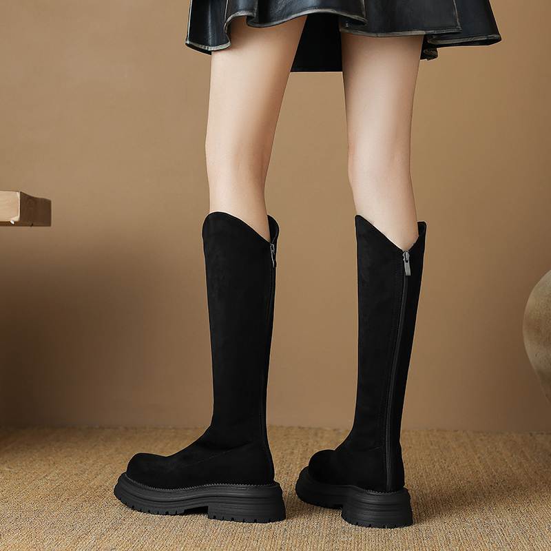 Krazing Pot Flock Autumn Winter Shoes Thick Med Heels Flat Platform Size 43 Modern Boots Stretch Knee Boots