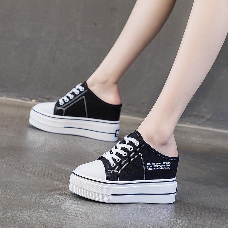 Fashion 8CM Canvas Shoes Women Chunky Sneakers Comfortable Hidden Heels Hollow Platform Wedge Breathable Slippers Summer Shoes